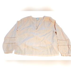 Rachel Zoe Boho Embroidered Eyelet Pintuck Top Linen Cotton Pink Women's XL